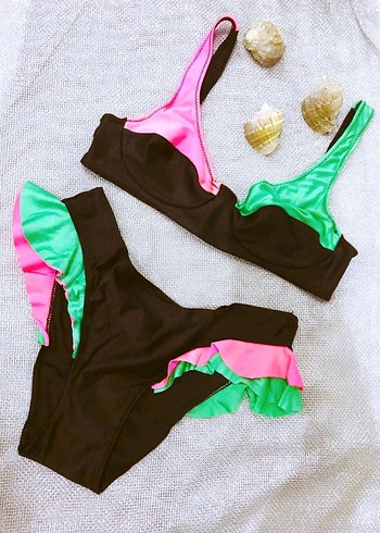 (42) SİYAH NEON RENKLİ FIRFIR DETAYLI ŞIK SPOR BİKİNİ TAKIMI - Görsel 8