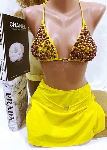 (40) SARI BONCUK İŞLEMELİ YAN BAĞLAMALI ŞIK SPOR BİKİNİ TAKIMI - Görsel 2