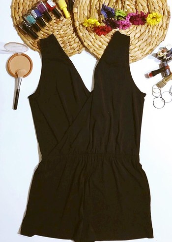 Siyah Drapeli Mini Kadın Tulum - Görsel 5