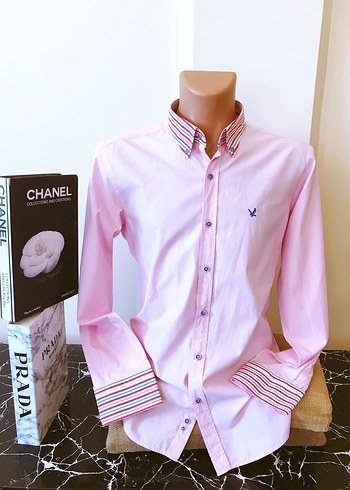 (XL) PEMBE MANŞET RENKLİ ÇİZGİLİ ŞIK SPOR TİWİL UZUN KOL GÖMLEK