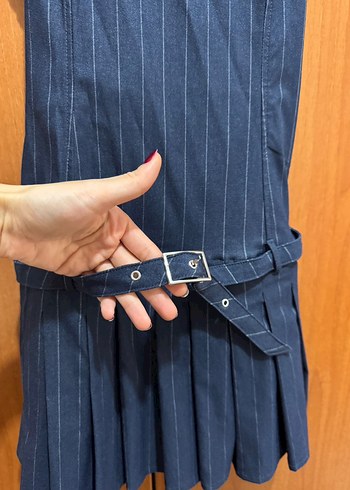 Bershka Lacivert Pilili Denim Midi Elbise - Görsel 3