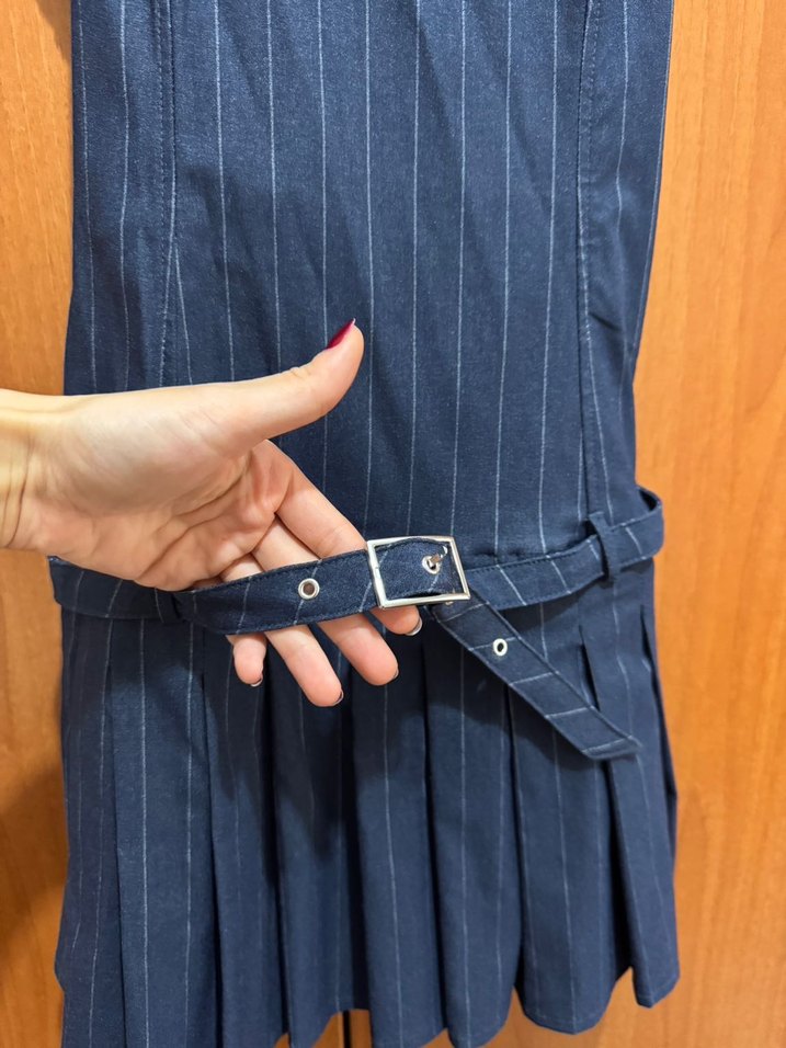 Bershka Lacivert Pilili Denim Midi Elbise - Görsel 3