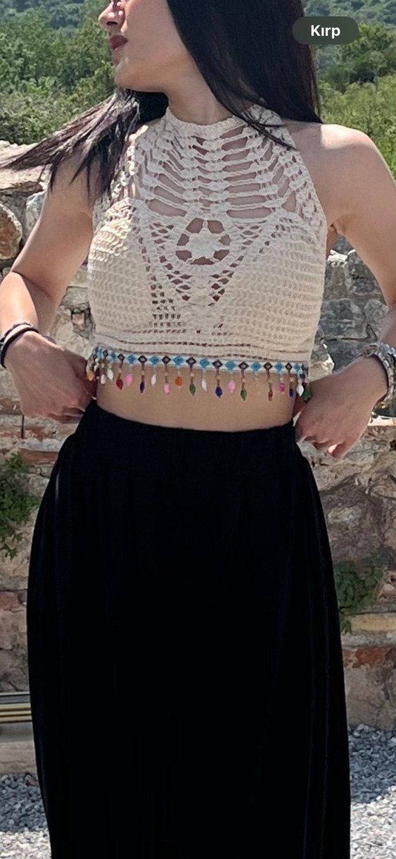 Nakışlı, Boncuklu Bej Örgü Büstiyer - Görsel 2