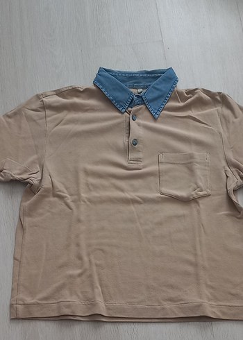 s/m Beden Bej Renkli Denim Yaka Düğmeli Erkek Polo Tişört