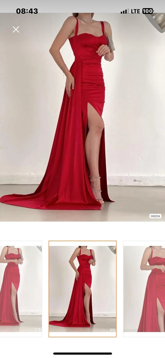 Kırmızı Drapeli Uzun Abiye Elbise - Görsel 2
