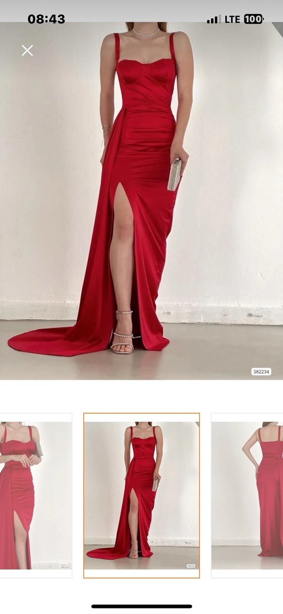 Kırmızı Drapeli Uzun Abiye Elbise - Görsel 4