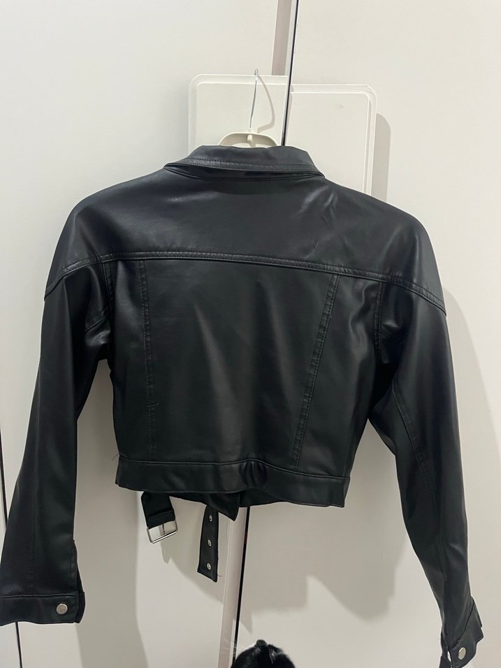 Kadın Siyah Deri Biker Ceket - Görsel 2