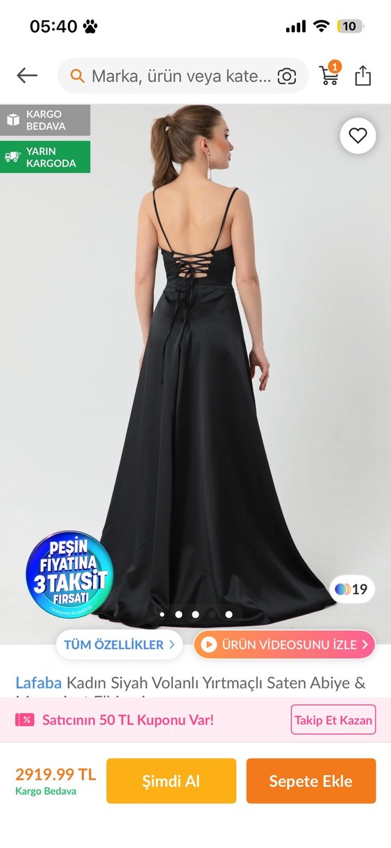 Lafaba Kadın Siyah Volanlı Yırtmaçlı Saten Abiye - Görsel 2