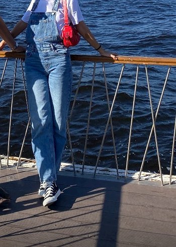 Kadın Mavi Denim Bol Kesim Midi Boy Tulum
