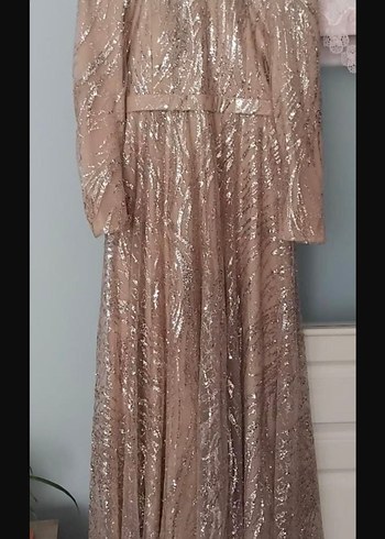 Parlak Bej Uzun Kollu Drapeli Abiye Elbise - Görsel 2