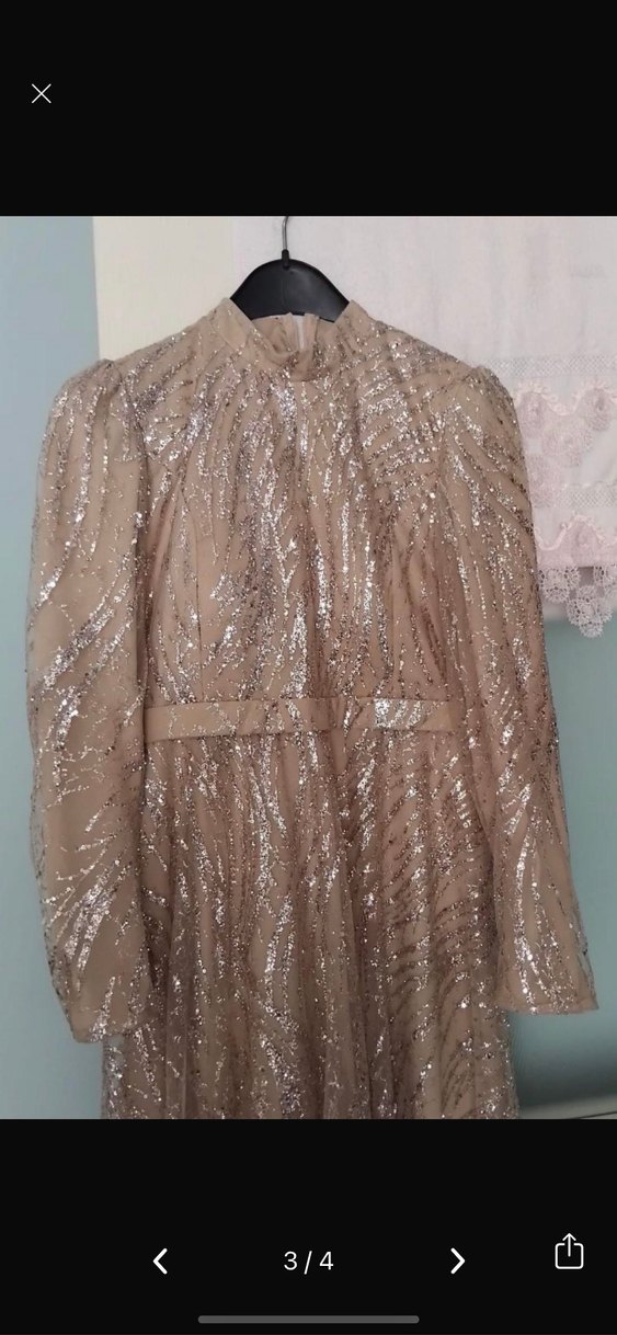 Parlak Bej Uzun Kollu Drapeli Abiye Elbise - Görsel 3