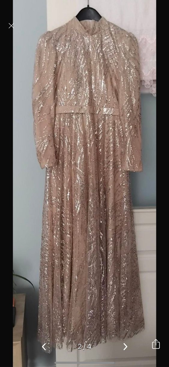 Parlak Bej Uzun Kollu Drapeli Abiye Elbise - Görsel 2