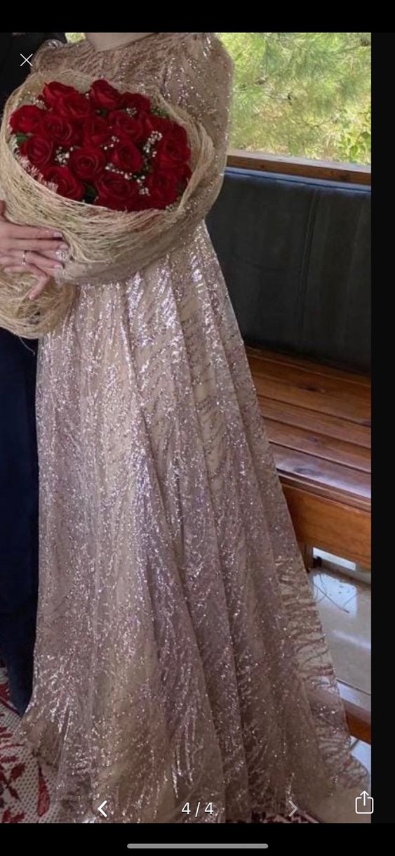 Parlak Bej Uzun Kollu Drapeli Abiye Elbise - Görsel 4