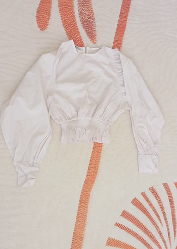 Beyaz Keten Mini Bluz, Uzun Kollu, Fırfırlı - Görsel 2