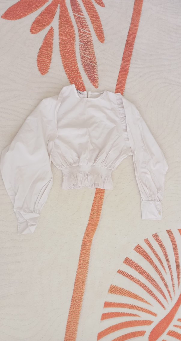 Beyaz Keten Mini Bluz, Uzun Kollu, Fırfırlı - Görsel 2