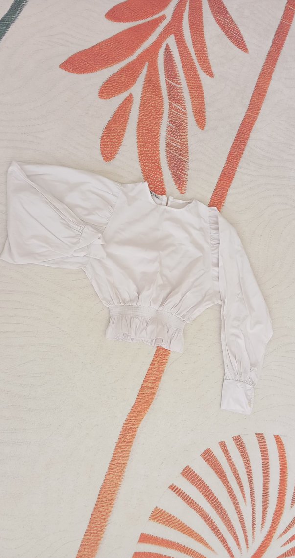 Beyaz Keten Mini Bluz, Uzun Kollu, Fırfırlı - Görsel 4