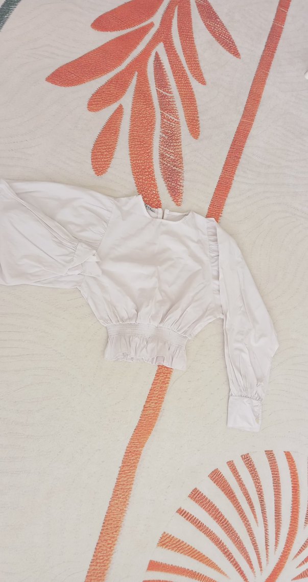 Beyaz Keten Mini Bluz, Uzun Kollu, Fırfırlı - Görsel 3