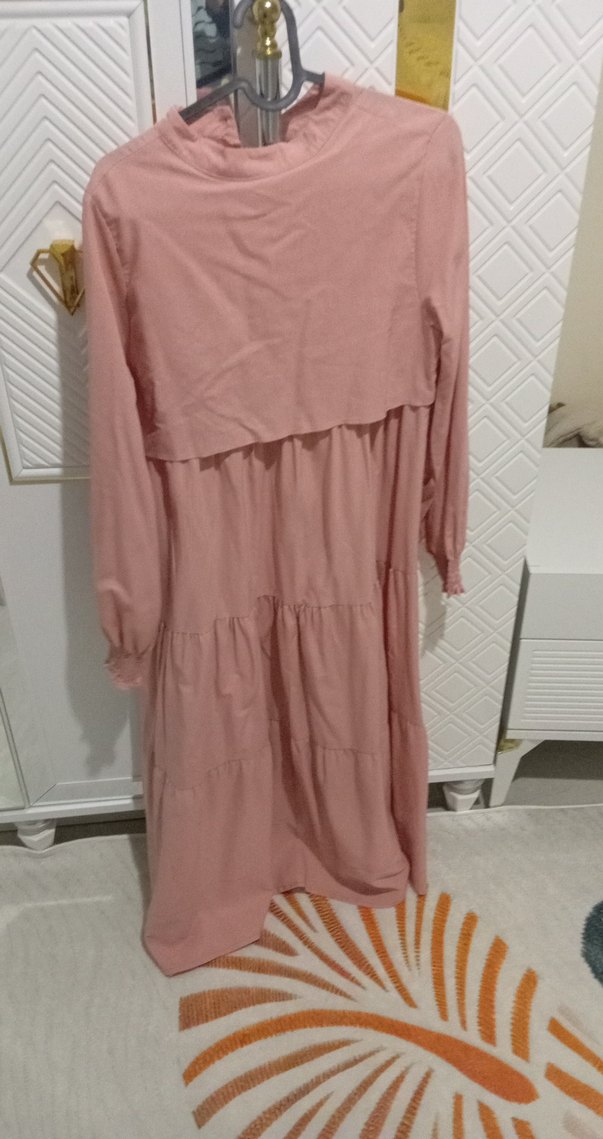 Pembe Uzun Kollu Fırfırlı Kadın Elbise - Görsel 3