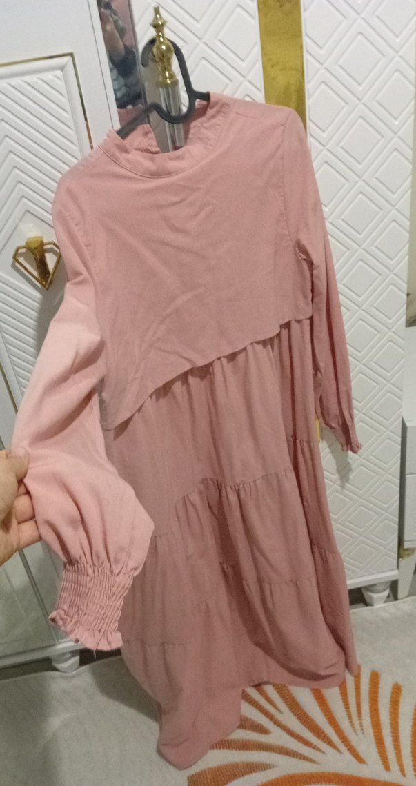 Pembe Uzun Kollu Fırfırlı Kadın Elbise - Görsel 2