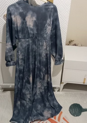 Gri Bağlama Desenli Uzun Keten Elbise - Görsel 2