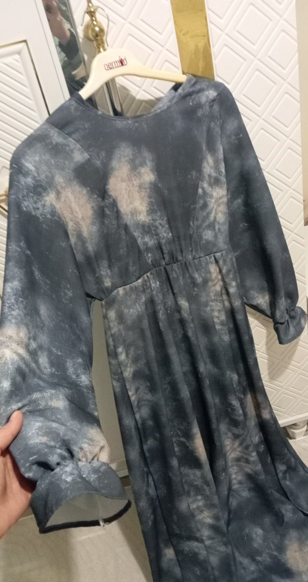 Gri Bağlama Desenli Uzun Keten Elbise - Görsel 4