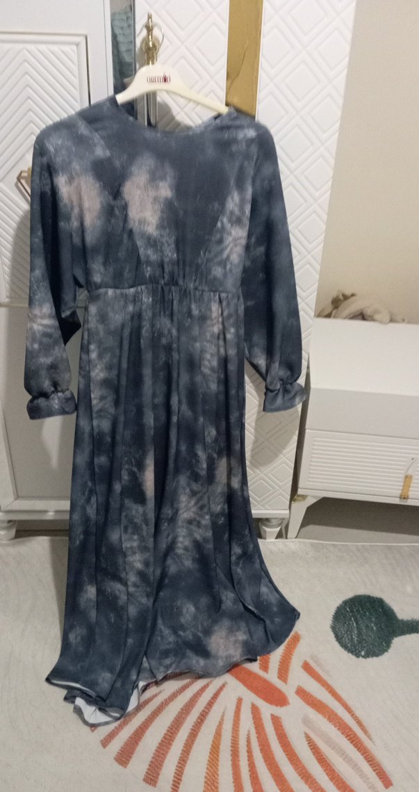 Gri Bağlama Desenli Uzun Keten Elbise - Görsel 2