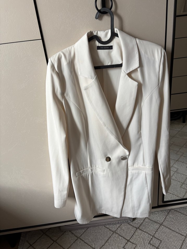 Kadın Beyaz uzun Kollu İpek Blazer Ceket - Görsel 3