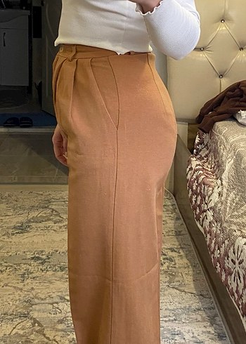 Düğmeli Bej Kadın Rahat Kesim Kumaş Pantolon - Görsel 3