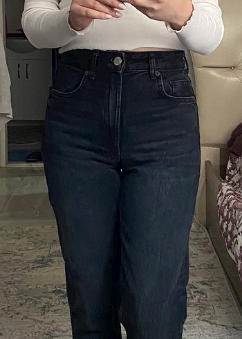 Düğmeli Gri Normal Boy Kadın Jean - Görsel 2