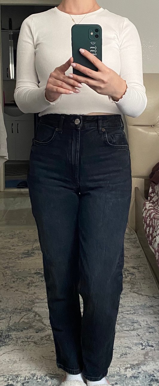 Düğmeli Gri Normal Boy Kadın Jean - Görsel 2