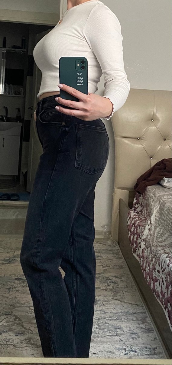 Düğmeli Gri Normal Boy Kadın Jean - Görsel 3