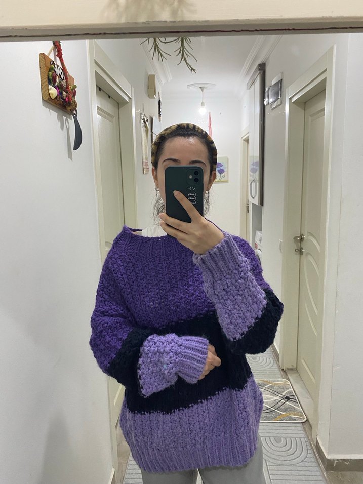 Mor Renkli Salaş Örgü Kadın Kazak - Görsel 5