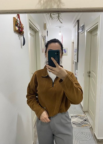 Kahverengi Beli Lastikli Fermuarlı Kadın Sweatshirt - Görsel 2