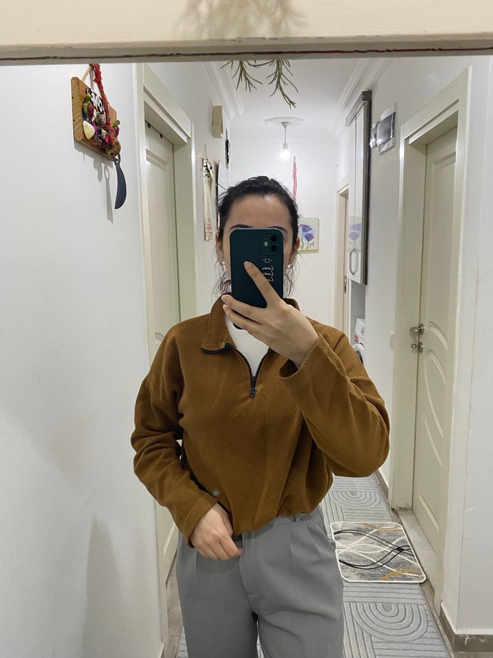 Kahverengi Beli Lastikli Fermuarlı Kadın Sweatshirt - Görsel 2