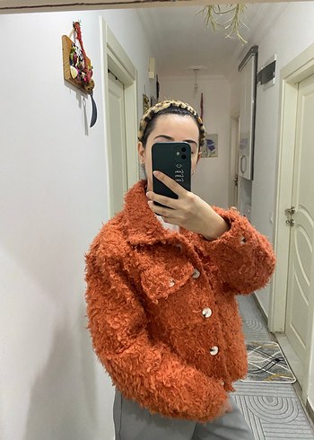 Kiremit rengi Peluş Salaş Kadın Ceket - Görsel 3