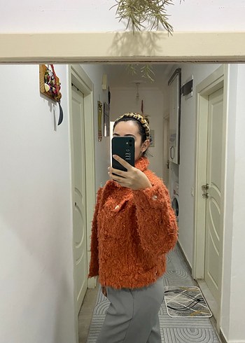 Kiremit rengi Peluş Salaş Kadın Ceket - Görsel 5