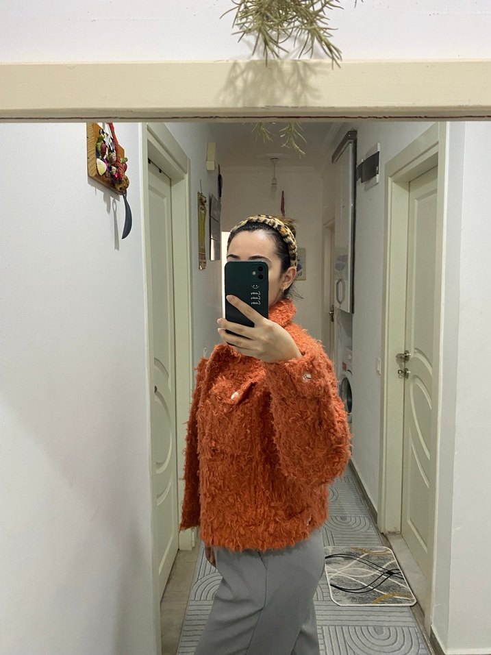 Kiremit rengi Peluş Salaş Kadın Ceket - Görsel 5