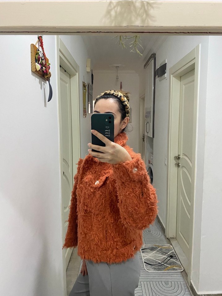 Kiremit rengi Peluş Salaş Kadın Ceket - Görsel 2