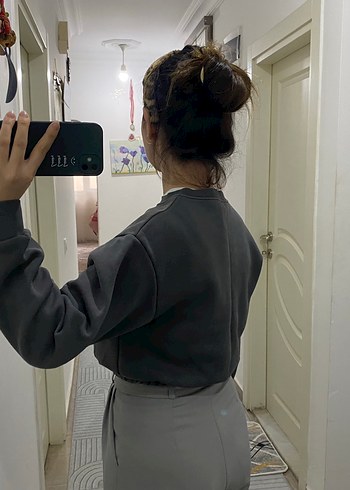 Gri Kadın Sweatshirt, Salaş Kesim, Uzun Kollu - Görsel 4