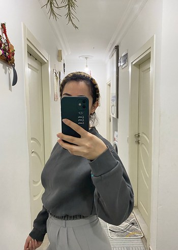 Gri Kadın Sweatshirt, Salaş Kesim, Uzun Kollu - Görsel 3