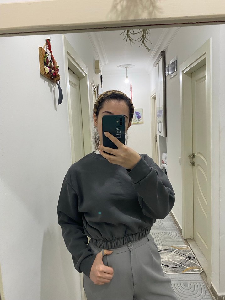 Gri Kadın Sweatshirt, Salaş Kesim, Uzun Kollu - Görsel 2