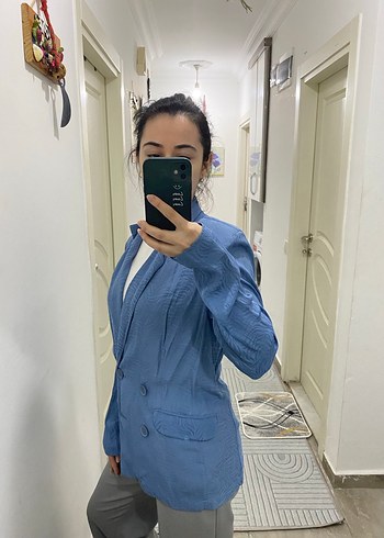 Düğmeli Mavi Denim Kadın Blazer - Görsel 2