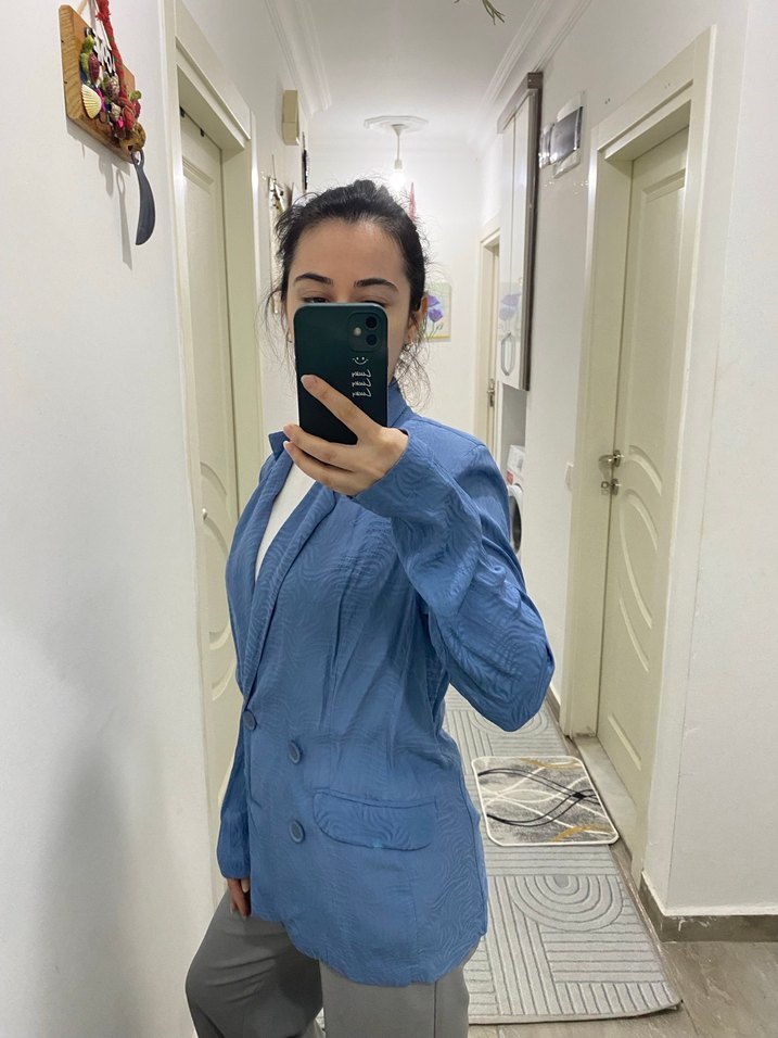 Düğmeli Mavi Denim Kadın Blazer - Görsel 2