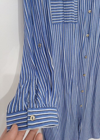 Mavi Çizgili Uzun Kollu Kadın Gömlek - Görsel 4