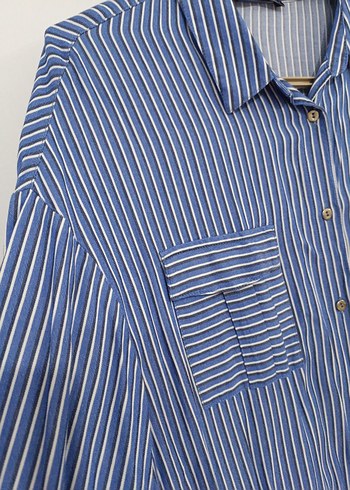 Mavi Çizgili Uzun Kollu Kadın Gömlek - Görsel 7