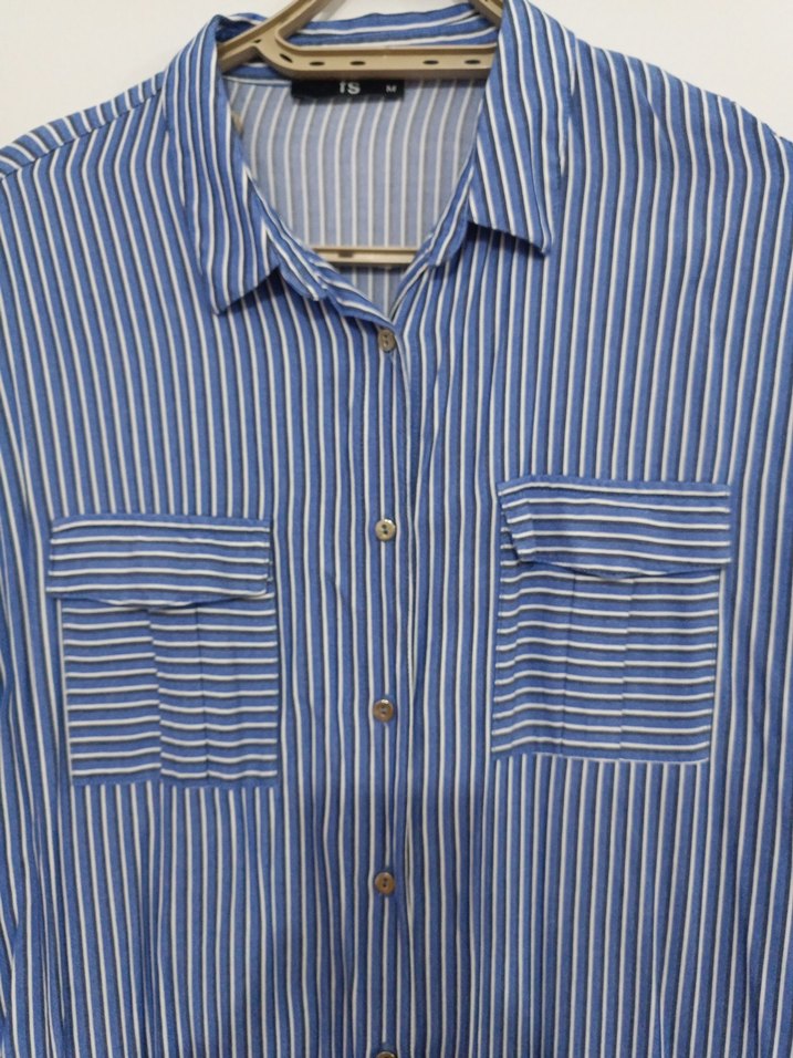 Mavi Çizgili Uzun Kollu Kadın Gömlek - Görsel 2