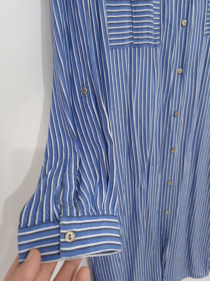 Mavi Çizgili Uzun Kollu Kadın Gömlek - Görsel 4