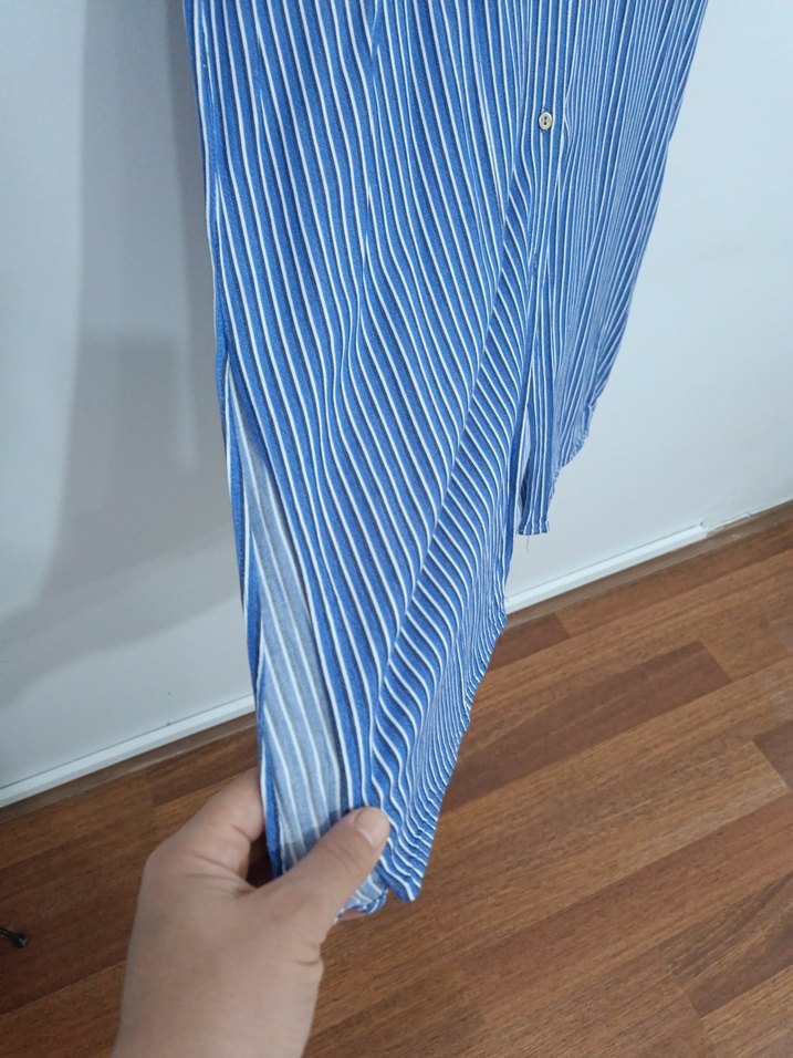 Mavi Çizgili Uzun Kollu Kadın Gömlek - Görsel 3