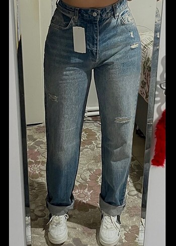 Kadın Mavi Batik Desenli Straight Kesim Denim Pantolon