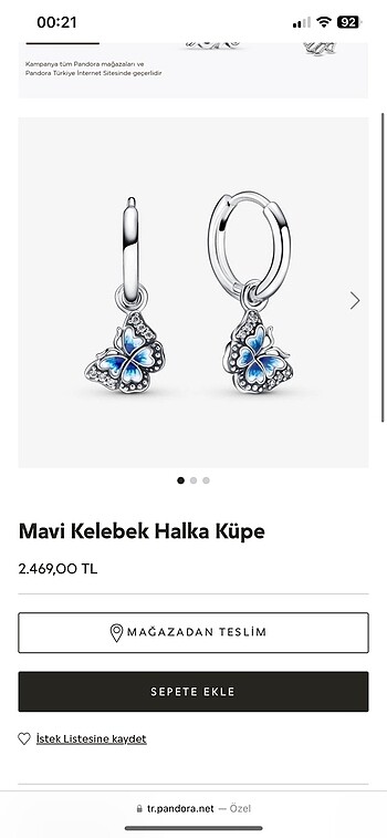  Beden mavi Renk Pandora kelebek küpe